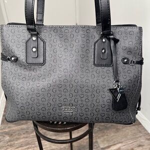 GUESS Black and Gray Logo Tote Bag | Zip Top Shoulder Bag